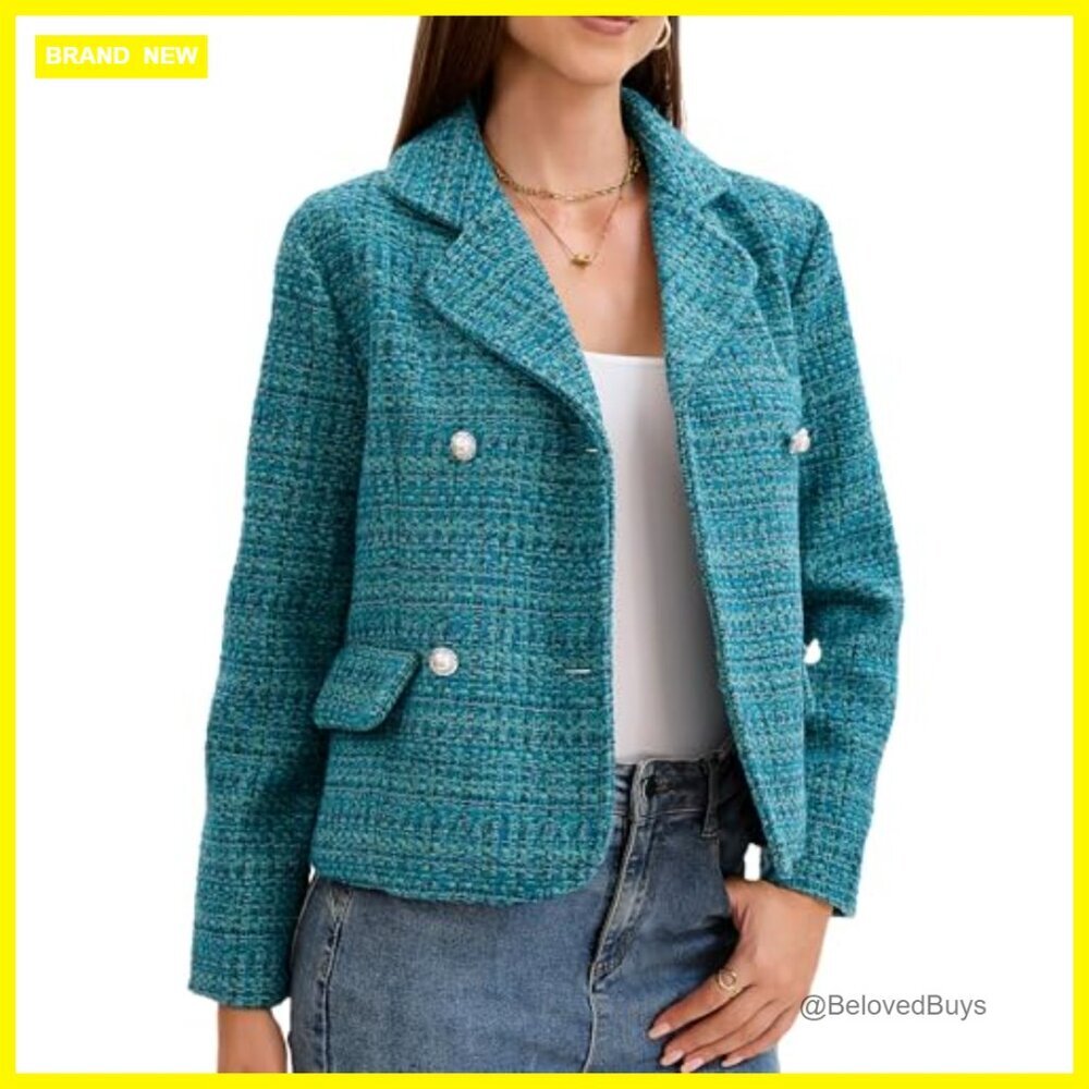 Short Tweed Blazer Double Breasted Pearl Button Work Casual Jacket - Picture 4 of 7